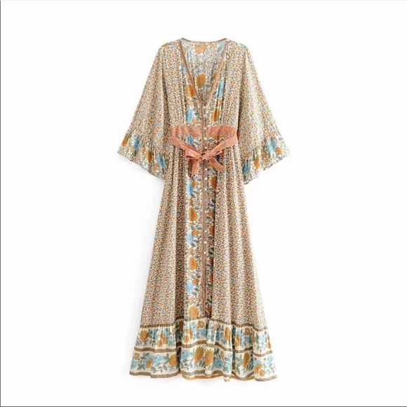 Boho Floral Gypsy Print Maxi Dress Yellow kimono - Picture 3 of 6
